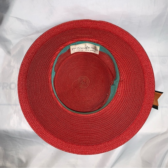 VINTAGE red straw/silk Delia hat SAINT LAURENT PARIS patent leather & silk trim - Picture 14 of 14